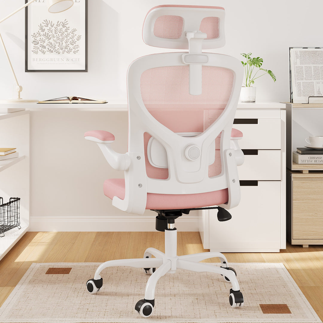 ErgoBliss Pink Mesh Ergonomic Office Chair – Flip-Up Arms, Lumbar Support, Headrest