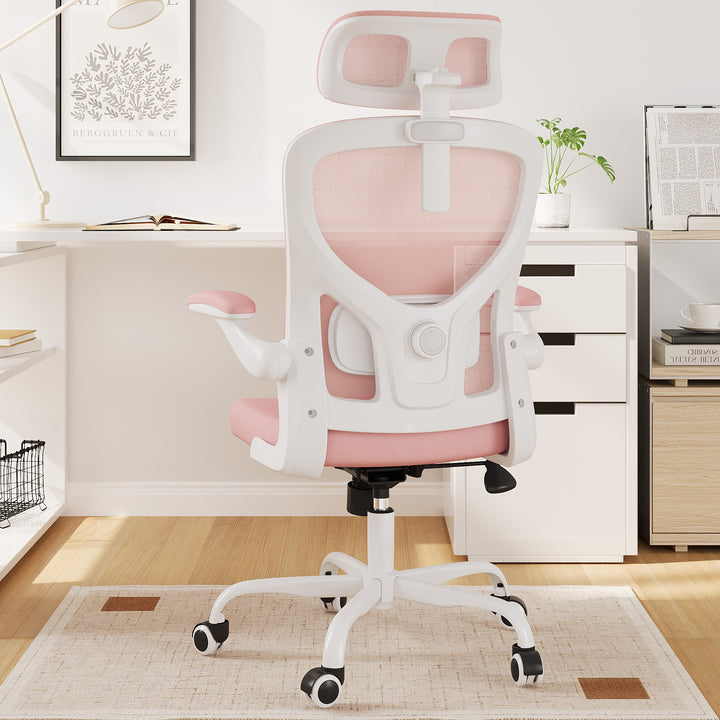ErgoBliss Pink Mesh Ergonomic Office Chair – Flip-Up Arms, Lumbar Support, Headrest