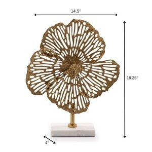 18" Antiqued Gold And White Aluminum And Marble Flowers Abstract Tabletop Sculpture