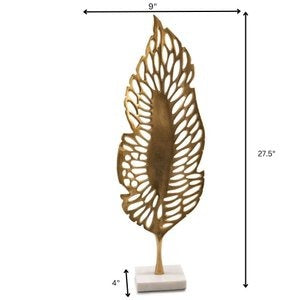 28" Gold And White Aluminum And Marble Leaf Tabletop Sculpture