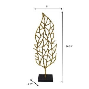26" Gold And Black Aluminum And Marble Leaf Tabletop Sculpture