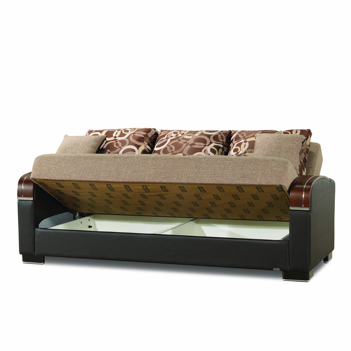 87" Brown Polyester Convertible Futon Sleeper Sofa And Toss Pillows With Storage