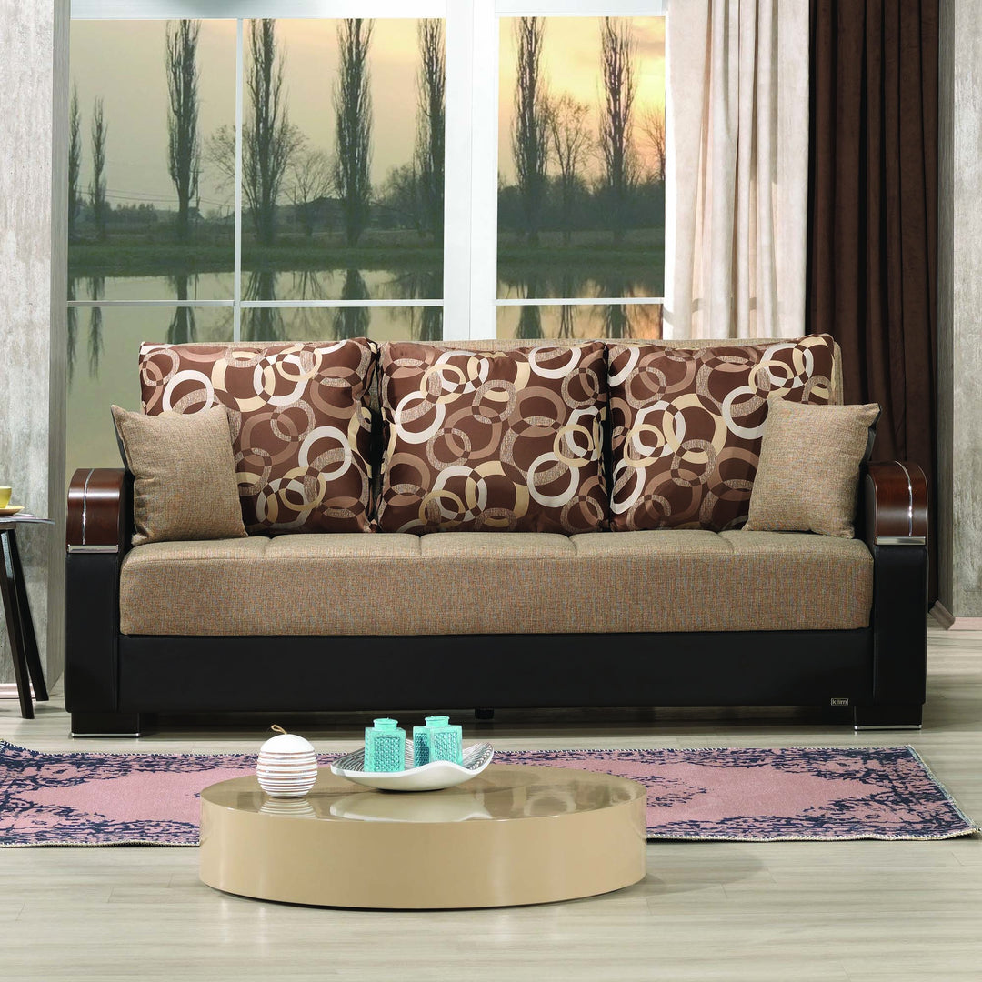 87" Brown Polyester Convertible Futon Sleeper Sofa And Toss Pillows With Storage