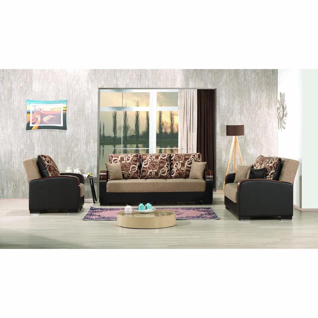 87" Brown Polyester Convertible Futon Sleeper Sofa And Toss Pillows With Storage