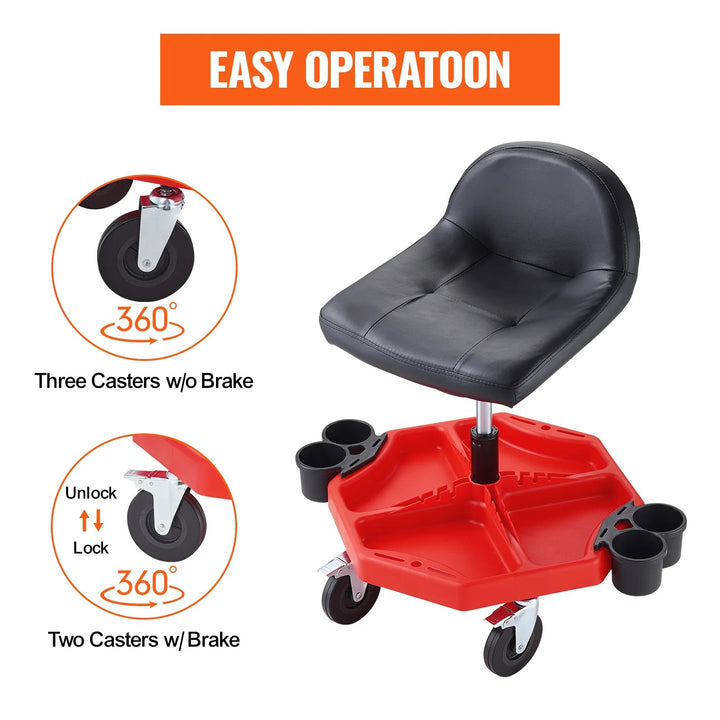 VEVOR Rolling Garage Stool, 300LBS Capacity, Adjustable Height from 18 in to 23 in, 360-degree Swivel Wheels (4\"), Large Tool Tray with Two Bottle Holder, for Workshop, Auto Repair Shop, Red