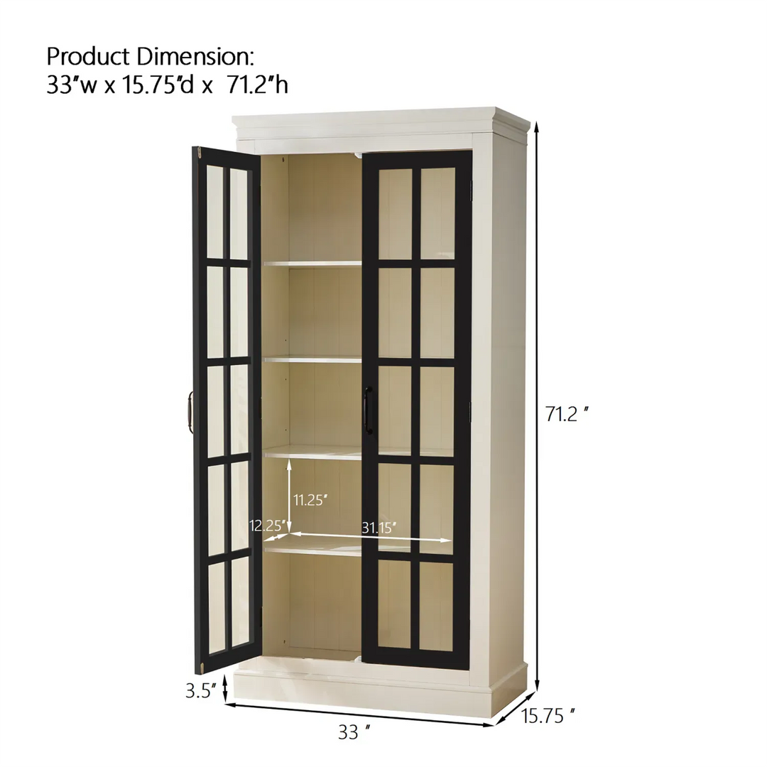 71.2'' Freestanding Pantry Cabinet with Glass Door, Farmhouse Display Cabinets with Storage, Curio Cabinet with Lattice Window for Hallways, Livingroom Kitchen & Office, White & Balck
