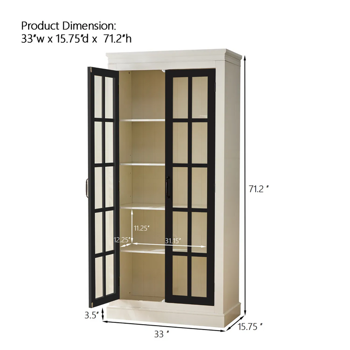 71.2'' Freestanding Pantry Cabinet with Glass Door, Farmhouse Display Cabinets with Storage, Curio Cabinet with Lattice Window for Hallways, Livingroom Kitchen & Office, White & Balck