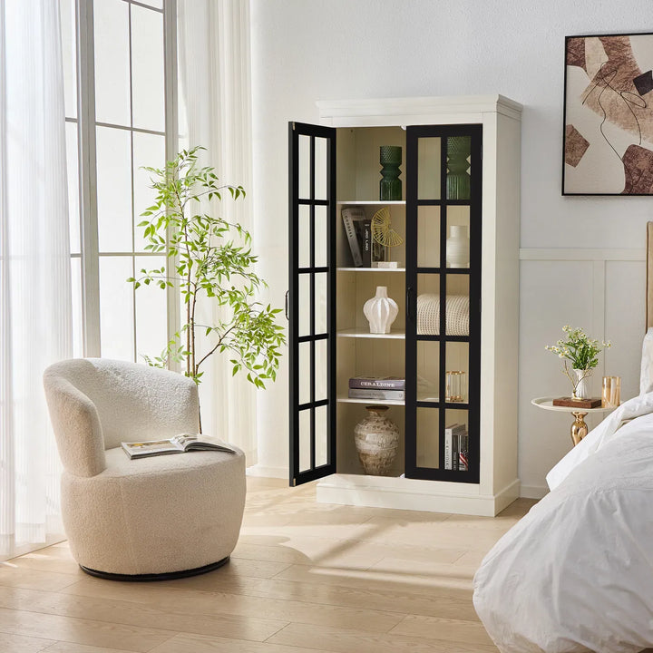 71.2'' Freestanding Pantry Cabinet with Glass Door, Farmhouse Display Cabinets with Storage, Curio Cabinet with Lattice Window for Hallways, Livingroom Kitchen & Office, White & Balck