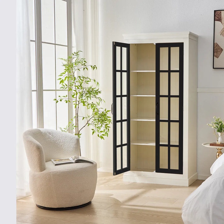 71.2'' Freestanding Pantry Cabinet with Glass Door, Farmhouse Display Cabinets with Storage, Curio Cabinet with Lattice Window for Hallways, Livingroom Kitchen & Office, White & Balck