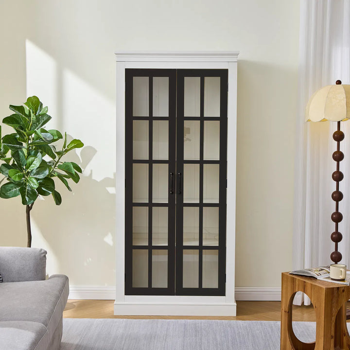 71.2'' Freestanding Pantry Cabinet with Glass Door, Farmhouse Display Cabinets with Storage, Curio Cabinet with Lattice Window for Hallways, Livingroom Kitchen & Office, White & Balck