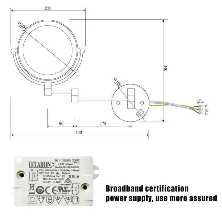 8 Inch LED Wall Mount Two-Sided Magnifying Makeup Vanity Mirror 12 Inch Extension Chrome Finish 1X/3X Magnification Plug 360 Degree Rotation Waterproof Button Shaving Mirror
