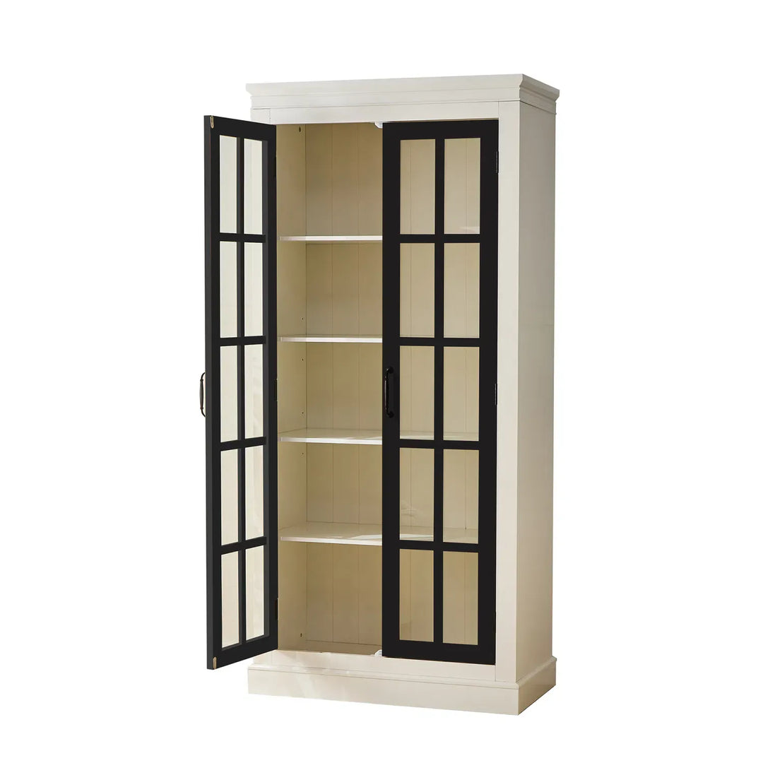 71.2'' Freestanding Pantry Cabinet with Glass Door, Farmhouse Display Cabinets with Storage, Curio Cabinet with Lattice Window for Hallways, Livingroom Kitchen & Office, White & Balck