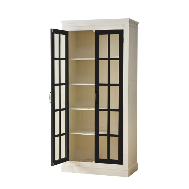 71.2'' Freestanding Pantry Cabinet with Glass Door, Farmhouse Display Cabinets with Storage, Curio Cabinet with Lattice Window for Hallways, Livingroom Kitchen & Office, White & Balck