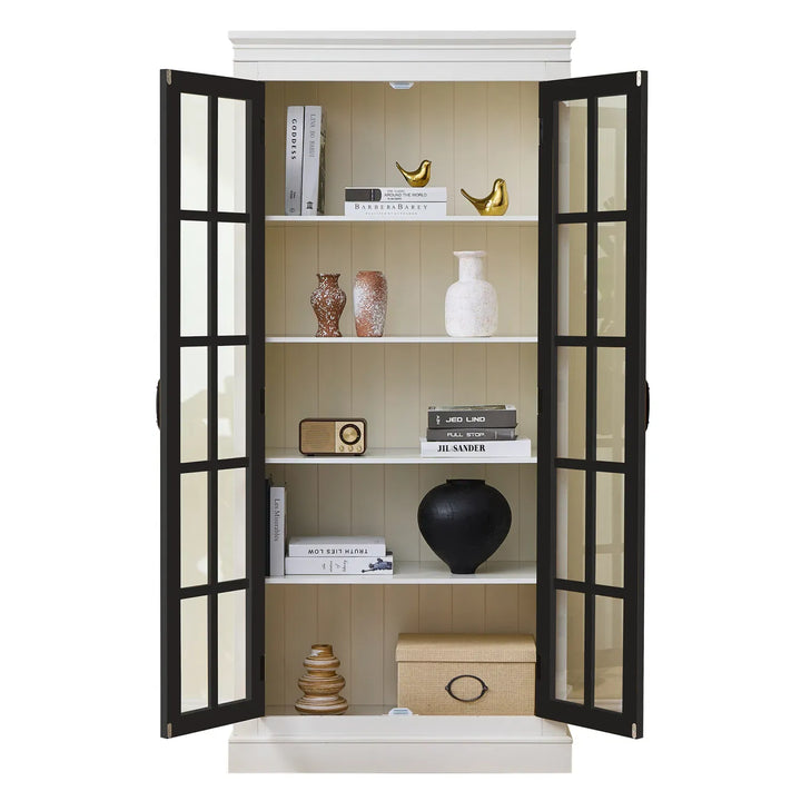 71.2'' Freestanding Pantry Cabinet with Glass Door, Farmhouse Display Cabinets with Storage, Curio Cabinet with Lattice Window for Hallways, Livingroom Kitchen & Office, White & Balck