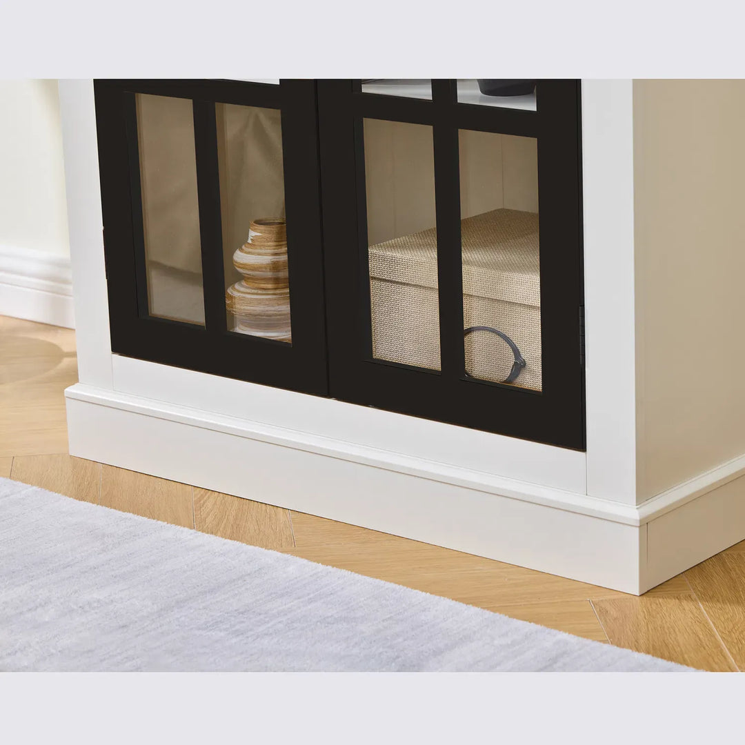 71.2'' Freestanding Pantry Cabinet with Glass Door, Farmhouse Display Cabinets with Storage, Curio Cabinet with Lattice Window for Hallways, Livingroom Kitchen & Office, White & Balck