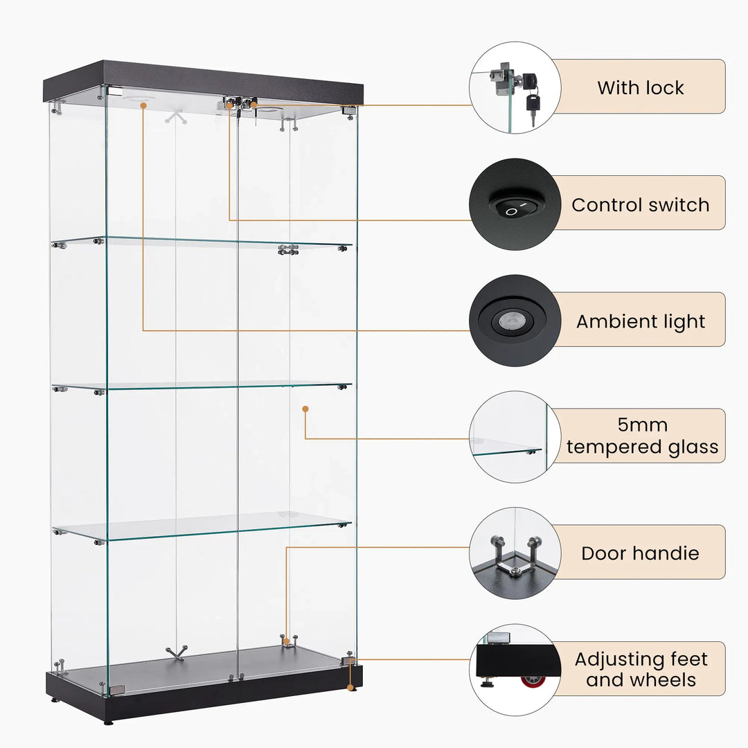 4-Tier Glass Display Cabinet, Double Door Glass Cabinet, Four Partitions, Two Locks, Floor Standing Storage Cabinet for Living Room, Bedroom, Showroom and Office, Black, 31.5"L x 14.2"W x 66.3"H