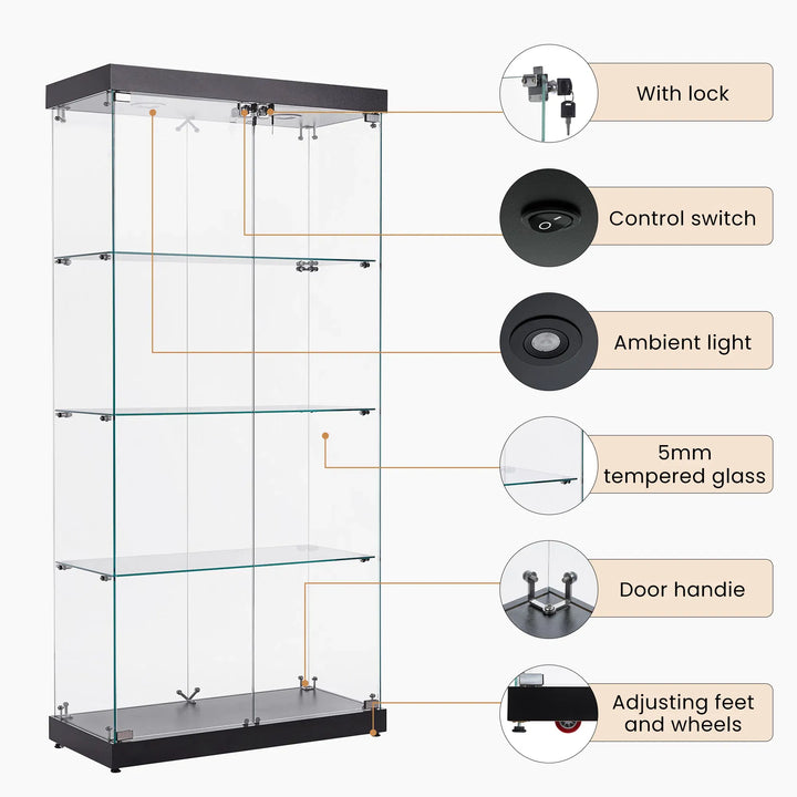 4-Tier Glass Display Cabinet, Double Door Glass Cabinet, Four Partitions, Two Locks, Floor Standing Storage Cabinet for Living Room, Bedroom, Showroom and Office, Black, 31.5"L x 14.2"W x 66.3"H