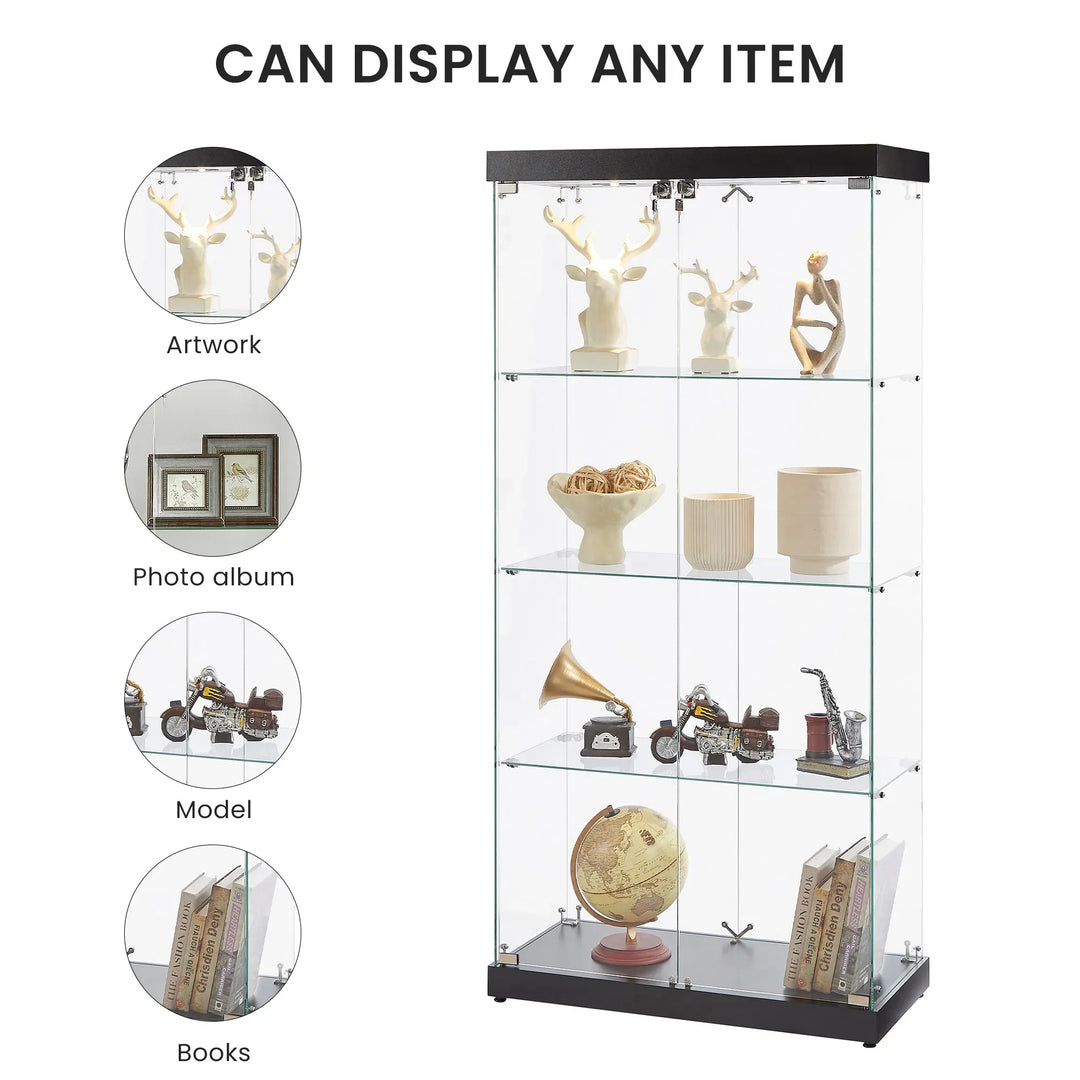4-Tier Glass Display Cabinet, Double Door Glass Cabinet, Four Partitions, Two Locks, Floor Standing Storage Cabinet for Living Room, Bedroom, Showroom and Office, Black, 31.5"L x 14.2"W x 66.3"H