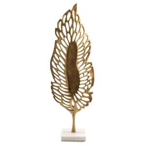 28" Gold And White Aluminum And Marble Leaf Tabletop Sculpture