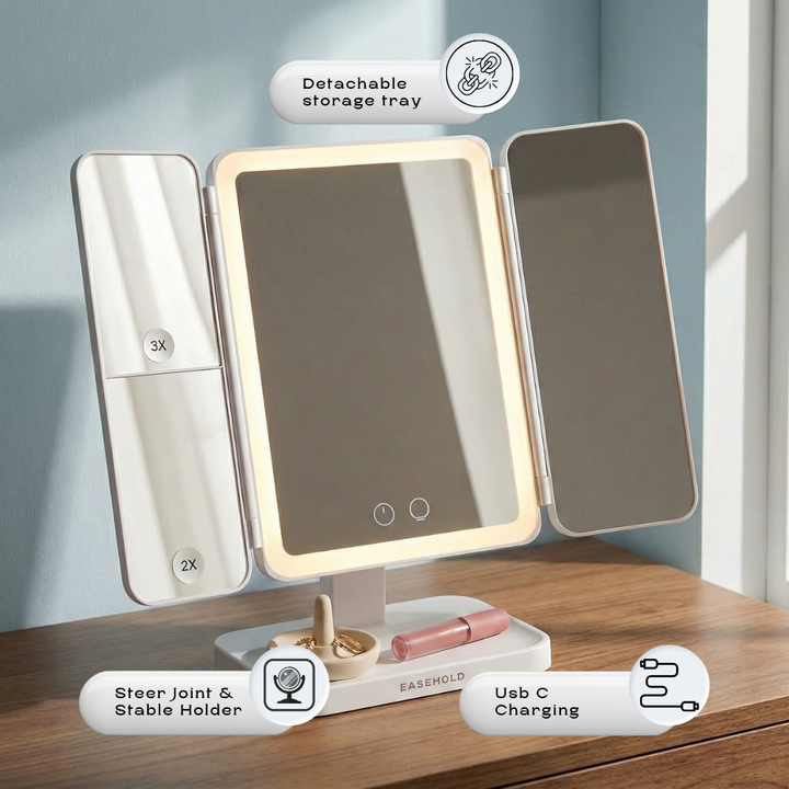 EASEHOLD Tri-Fold Lighted Makeup Mirror with 72 LEDs & 1X/2X/3X Magnification,Rechargeable Vanity Mirror | Trufairs