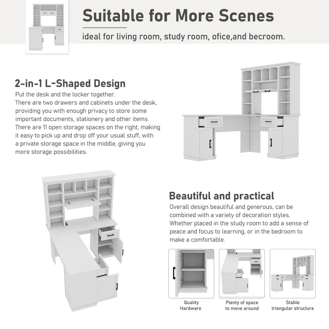 L-Shaped Computer Desk with 2 Cabinets and 2 Drawers, 11 Open Shelves and 1 Right Flip Shelf with Storage, with Power Outlet, for Study, Living Room and Office, White