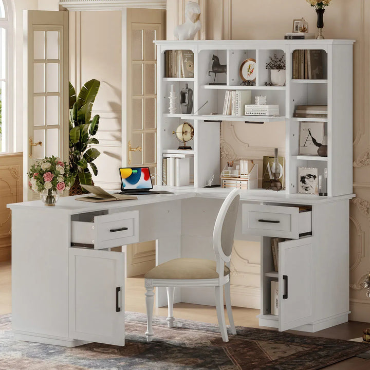 L-Shaped Computer Desk with 2 Cabinets and 2 Drawers, 11 Open Shelves and 1 Right Flip Shelf with Storage, with Power Outlet, for Study, Living Room and Office, White