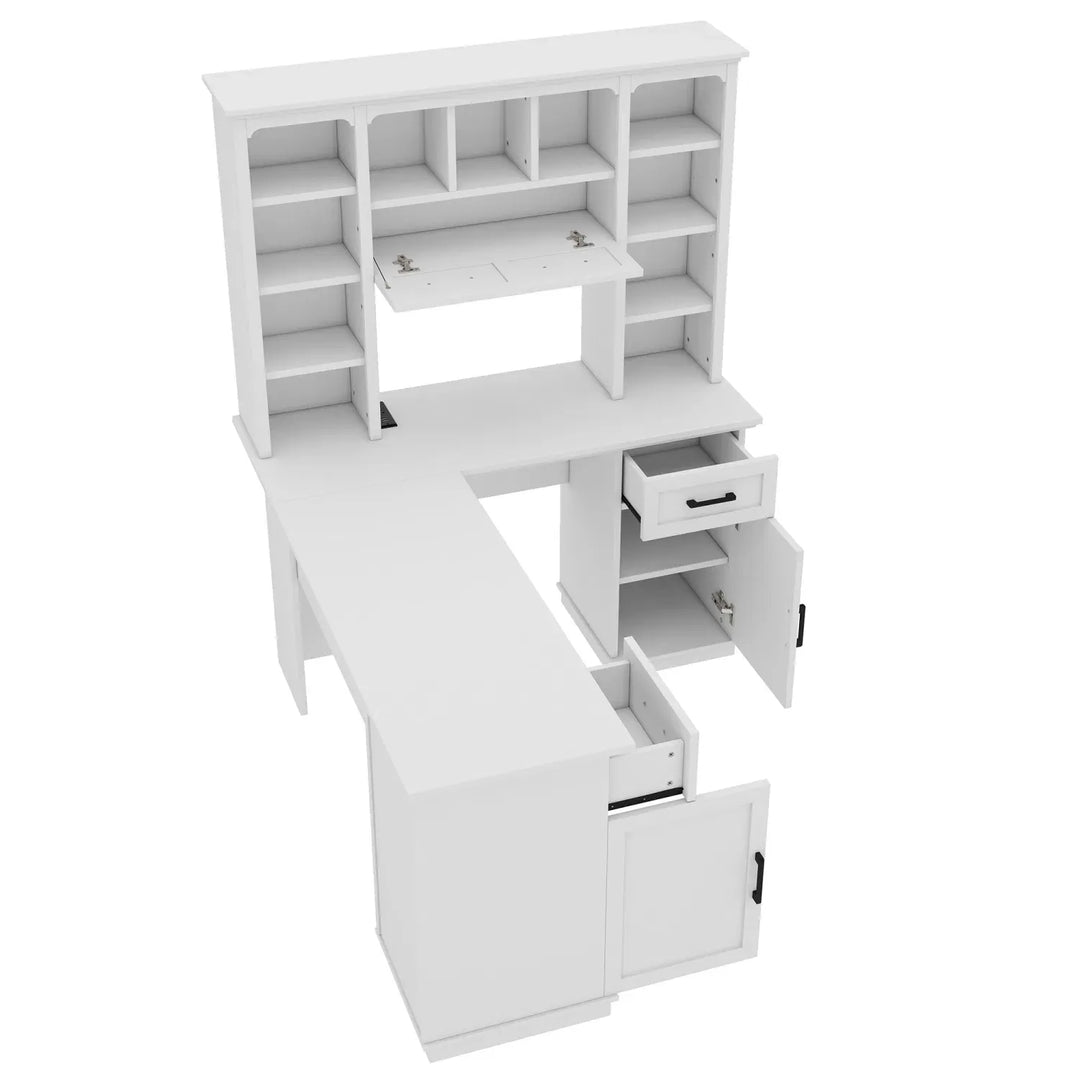 L-Shaped Computer Desk with 2 Cabinets and 2 Drawers, 11 Open Shelves and 1 Right Flip Shelf with Storage, with Power Outlet, for Study, Living Room and Office, White