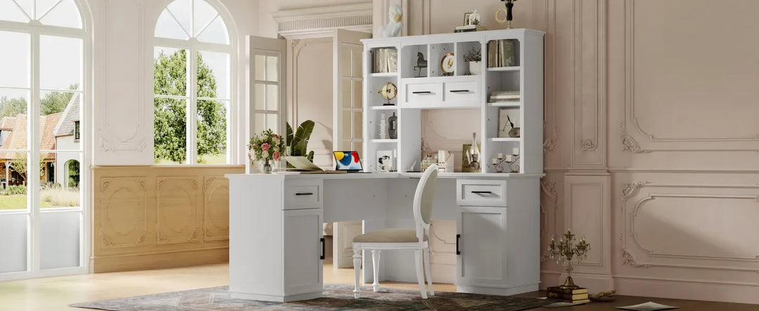 L-Shaped Computer Desk with 2 Cabinets and 2 Drawers, 11 Open Shelves and 1 Right Flip Shelf with Storage, with Power Outlet, for Study, Living Room and Office, White