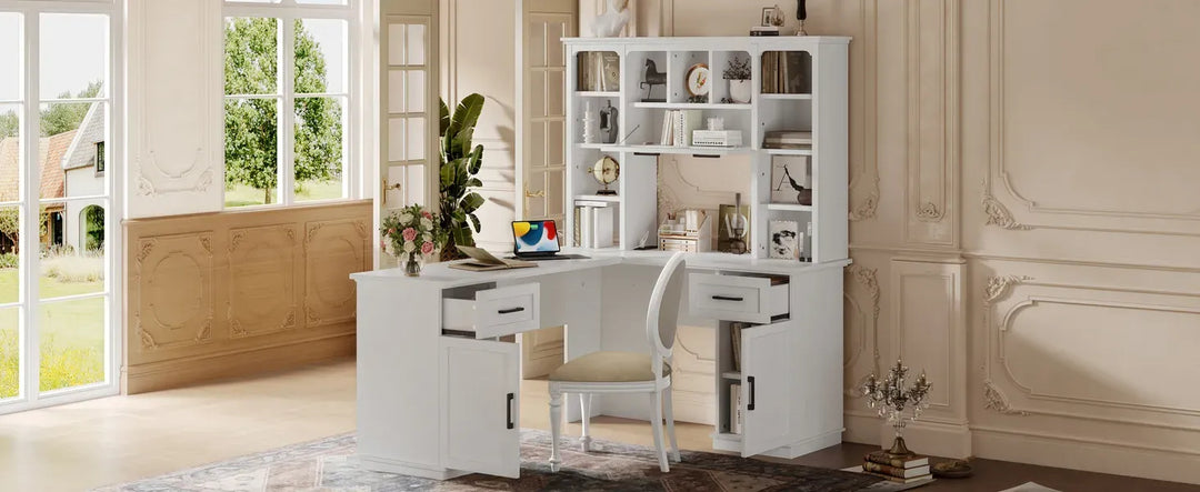 L-Shaped Computer Desk with 2 Cabinets and 2 Drawers, 11 Open Shelves and 1 Right Flip Shelf with Storage, with Power Outlet, for Study, Living Room and Office, White