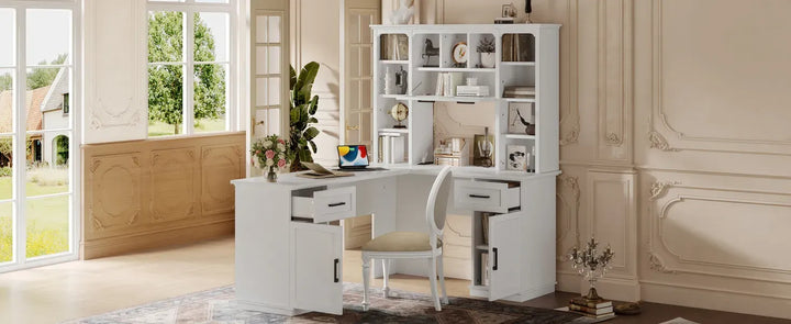 L-Shaped Computer Desk with 2 Cabinets and 2 Drawers, 11 Open Shelves and 1 Right Flip Shelf with Storage, with Power Outlet, for Study, Living Room and Office, White