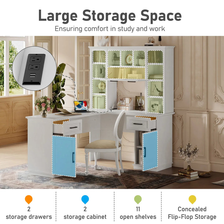 L-Shaped Computer Desk with 2 Cabinets and 2 Drawers, 11 Open Shelves and 1 Right Flip Shelf with Storage, with Power Outlet, for Study, Living Room and Office, White
