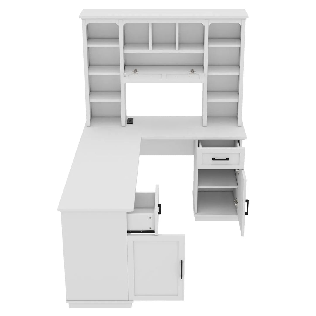 L-Shaped Computer Desk with 2 Cabinets and 2 Drawers, 11 Open Shelves and 1 Right Flip Shelf with Storage, with Power Outlet, for Study, Living Room and Office, White