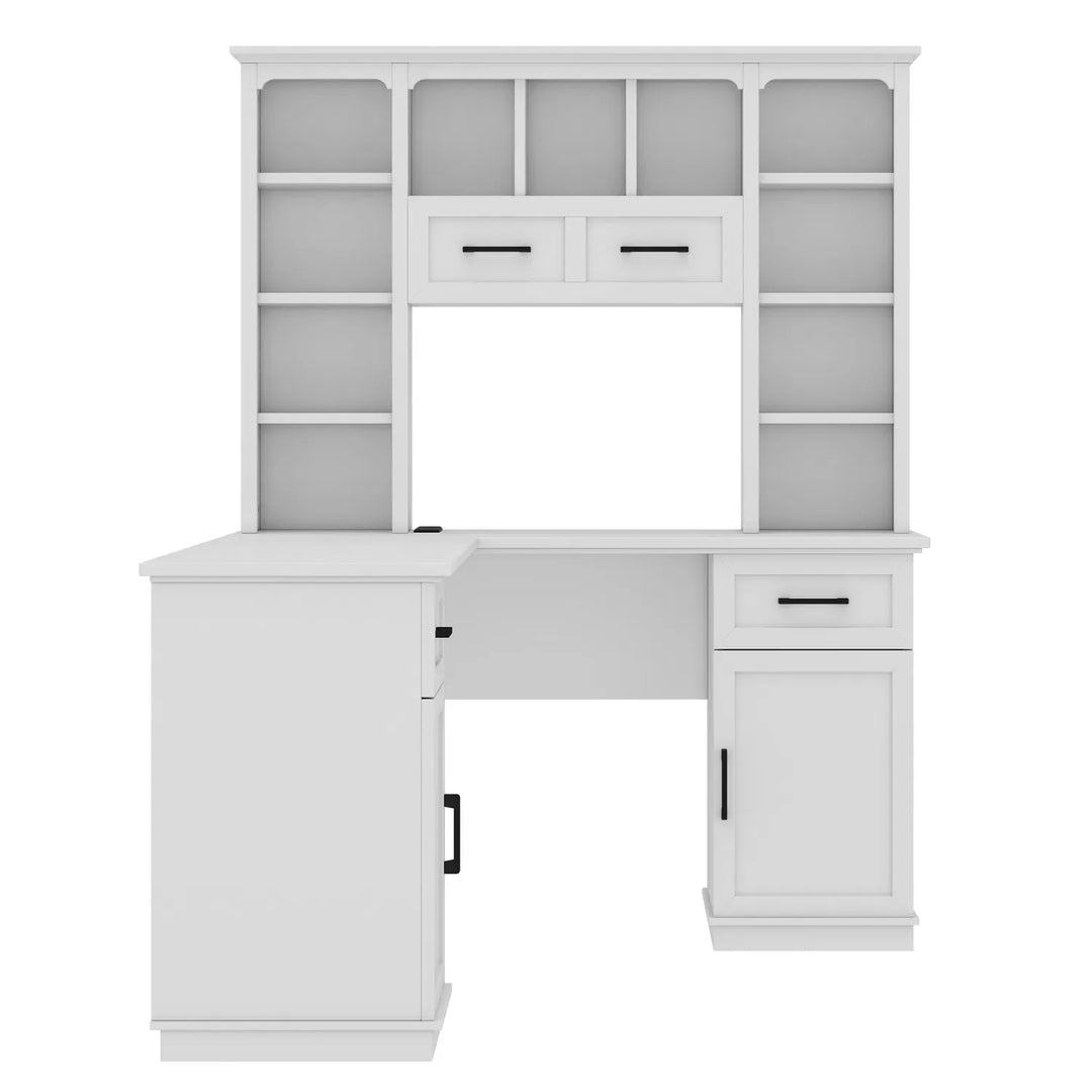 L-Shaped Computer Desk with 2 Cabinets and 2 Drawers, 11 Open Shelves and 1 Right Flip Shelf with Storage, with Power Outlet, for Study, Living Room and Office, White