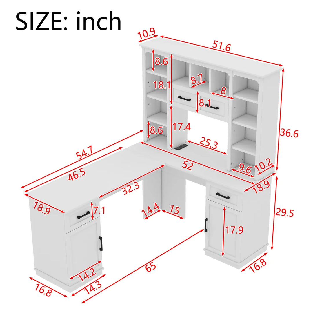 L-Shaped Computer Desk with 2 Cabinets and 2 Drawers, 11 Open Shelves and 1 Right Flip Shelf with Storage, with Power Outlet, for Study, Living Room and Office, White