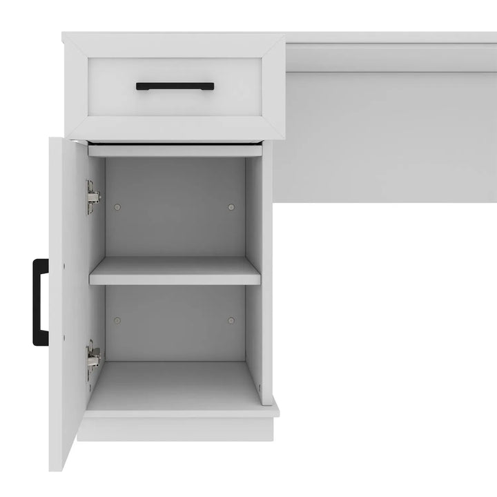 L-Shaped Computer Desk with 2 Cabinets and 2 Drawers, 11 Open Shelves and 1 Right Flip Shelf with Storage, with Power Outlet, for Study, Living Room and Office, White