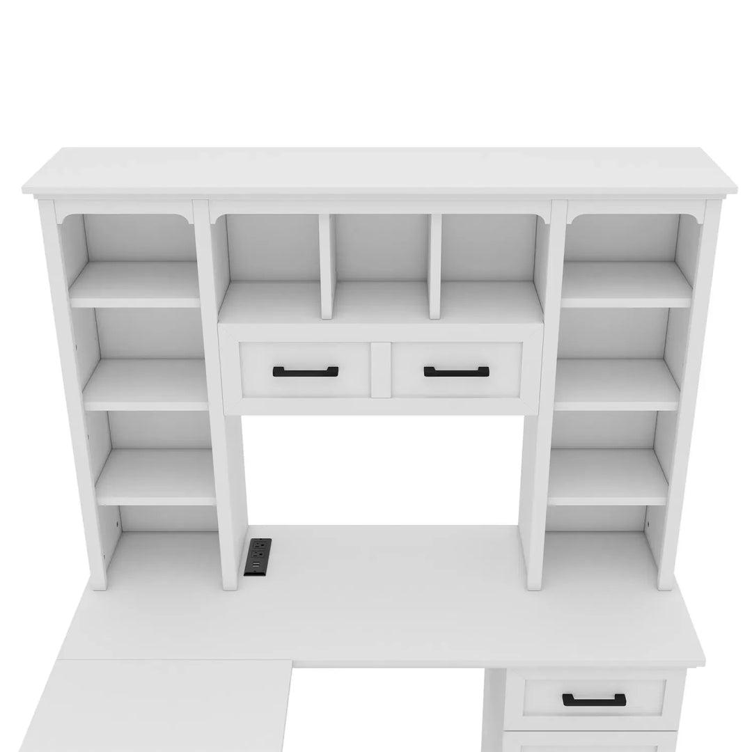 L-Shaped Computer Desk with 2 Cabinets and 2 Drawers, 11 Open Shelves and 1 Right Flip Shelf with Storage, with Power Outlet, for Study, Living Room and Office, White