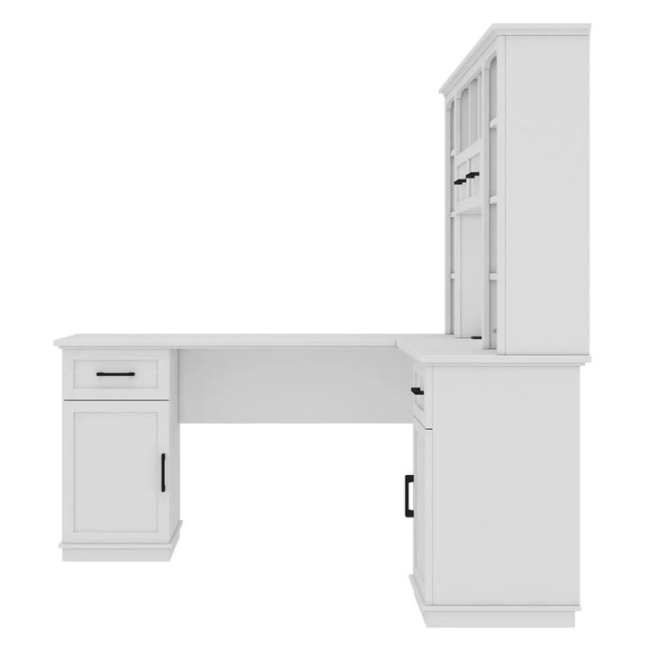 L-Shaped Computer Desk with 2 Cabinets and 2 Drawers, 11 Open Shelves and 1 Right Flip Shelf with Storage, with Power Outlet, for Study, Living Room and Office, White