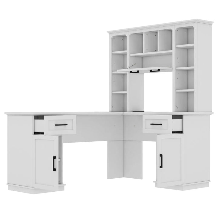 L-Shaped Computer Desk with 2 Cabinets and 2 Drawers, 11 Open Shelves and 1 Right Flip Shelf with Storage, with Power Outlet, for Study, Living Room and Office, White