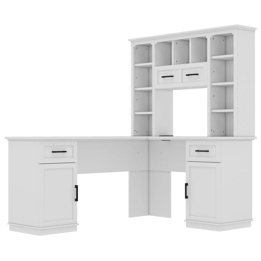L-Shaped Computer Desk with 2 Cabinets and 2 Drawers, 11 Open Shelves and 1 Right Flip Shelf with Storage, with Power Outlet, for Study, Living Room and Office, White
