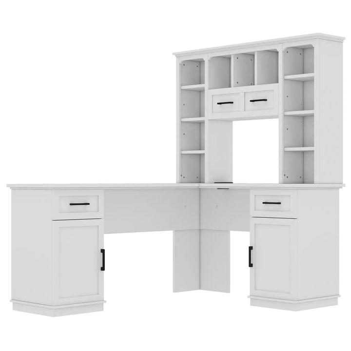 L-Shaped Computer Desk with 2 Cabinets and 2 Drawers, 11 Open Shelves and 1 Right Flip Shelf with Storage, with Power Outlet, for Study, Living Room and Office, White