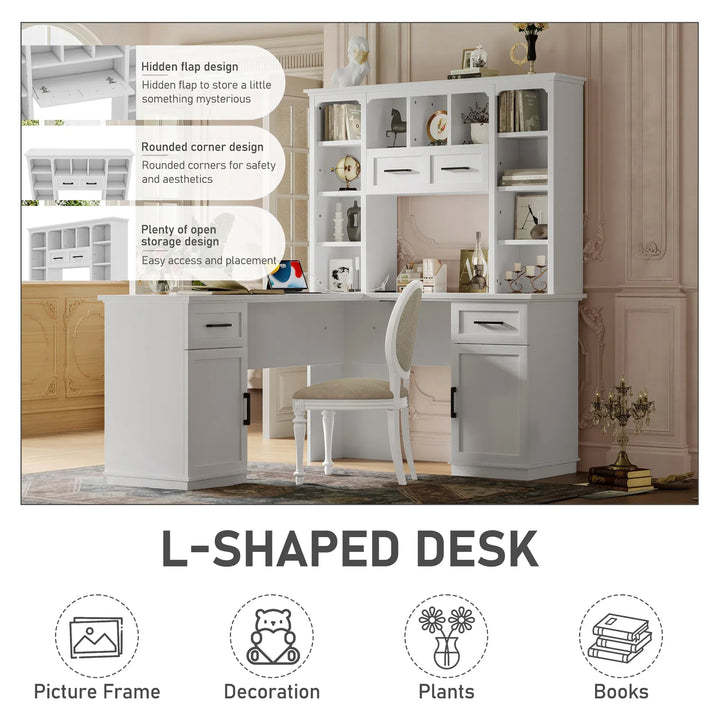 L-Shaped Computer Desk with 2 Cabinets and 2 Drawers, 11 Open Shelves and 1 Right Flip Shelf with Storage, with Power Outlet, for Study, Living Room and Office, White
