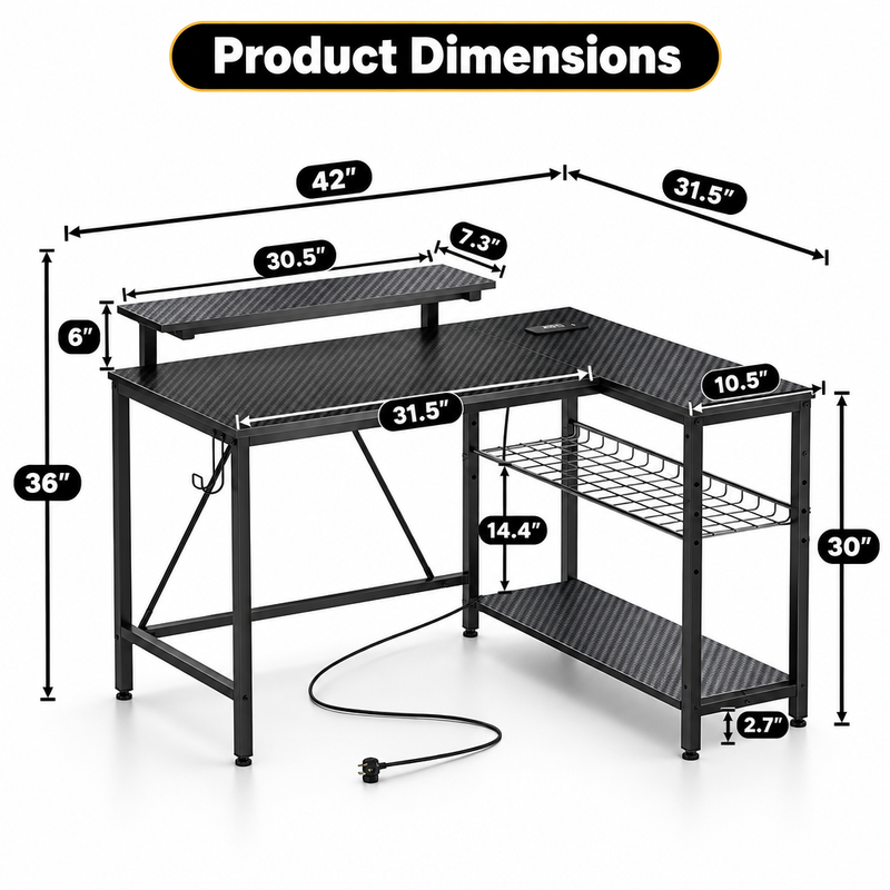Dimension diagram of an L-shaped gaming desk showing overall size and desktop height