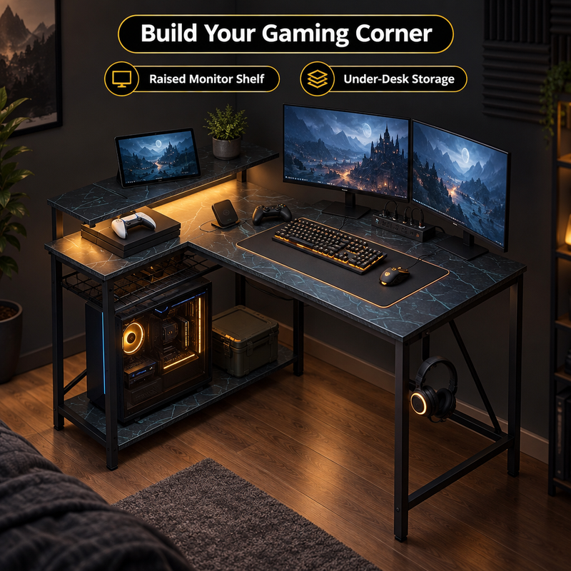 Dimension diagram of an L-shaped gaming desk showing overall size and desktop height