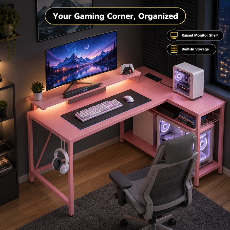 Dimension diagram of an L-shaped gaming desk showing overall size and desktop height