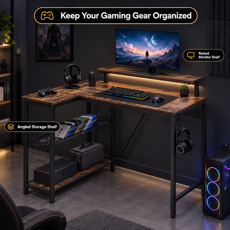 Dimension diagram of an L-shaped gaming desk showing overall size and desktop height