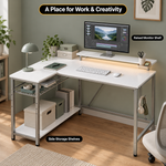 Dimension diagram of an L-shaped gaming desk showing overall size and desktop height