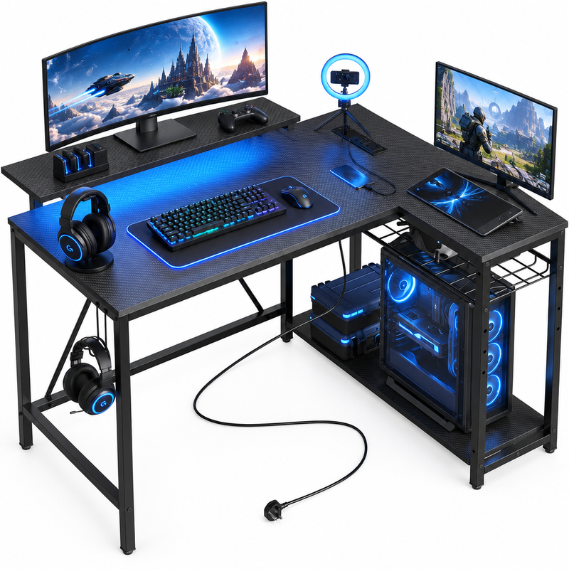 L-shaped gaming desk with LED lighting - multiple monitors and a PC setup