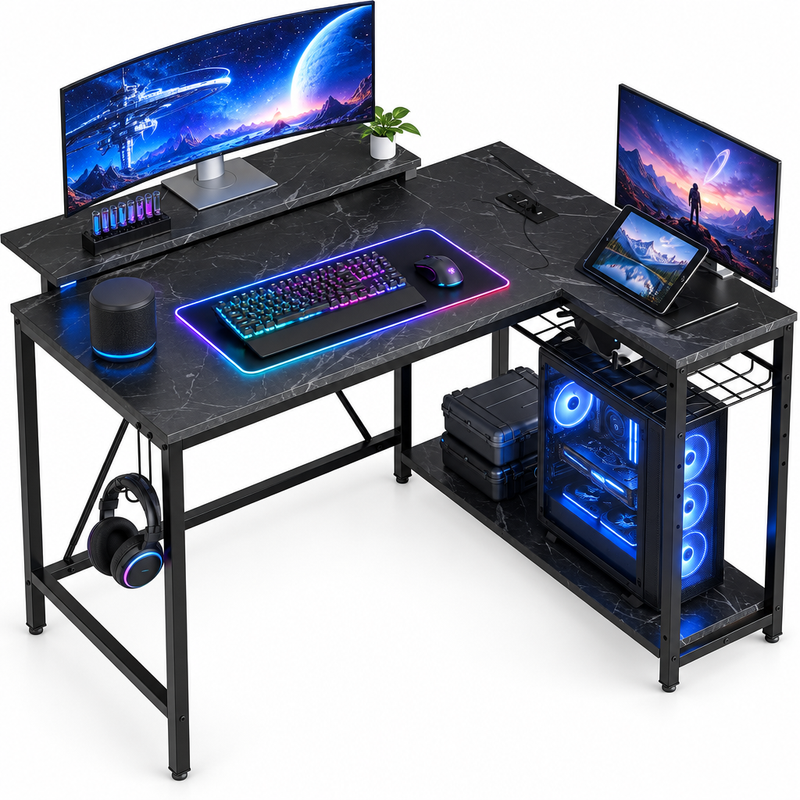 L-shaped gaming desk with LED lighting - multiple monitors and a PC setup