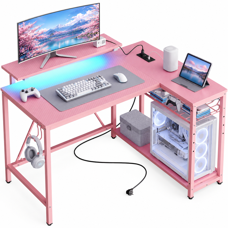 L-shaped gaming desk with LED lighting - multiple monitors and a PC setup