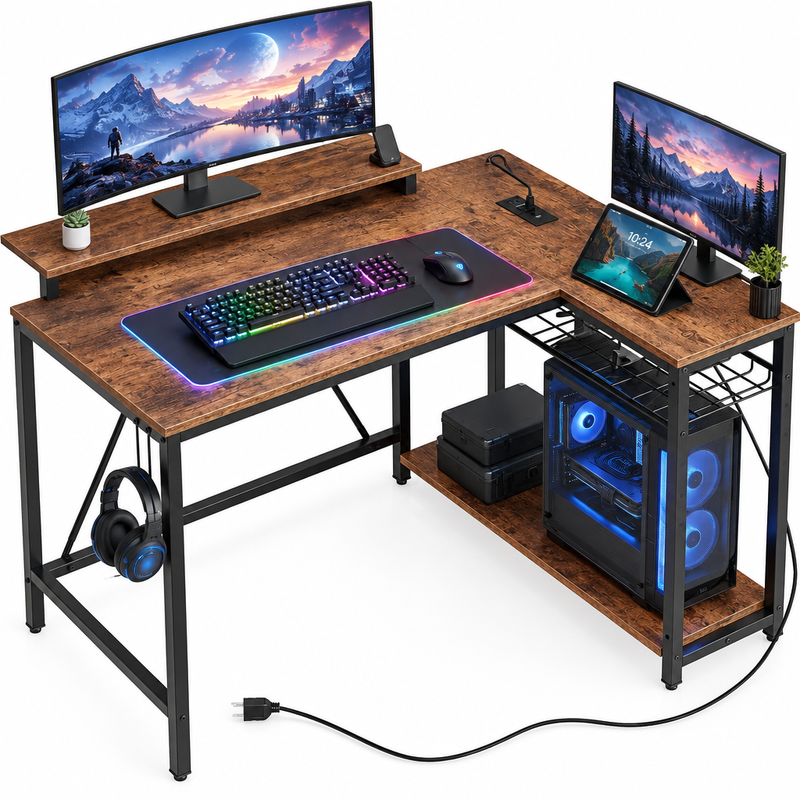 L-shaped gaming desk with LED lighting - multiple monitors and a PC setup
